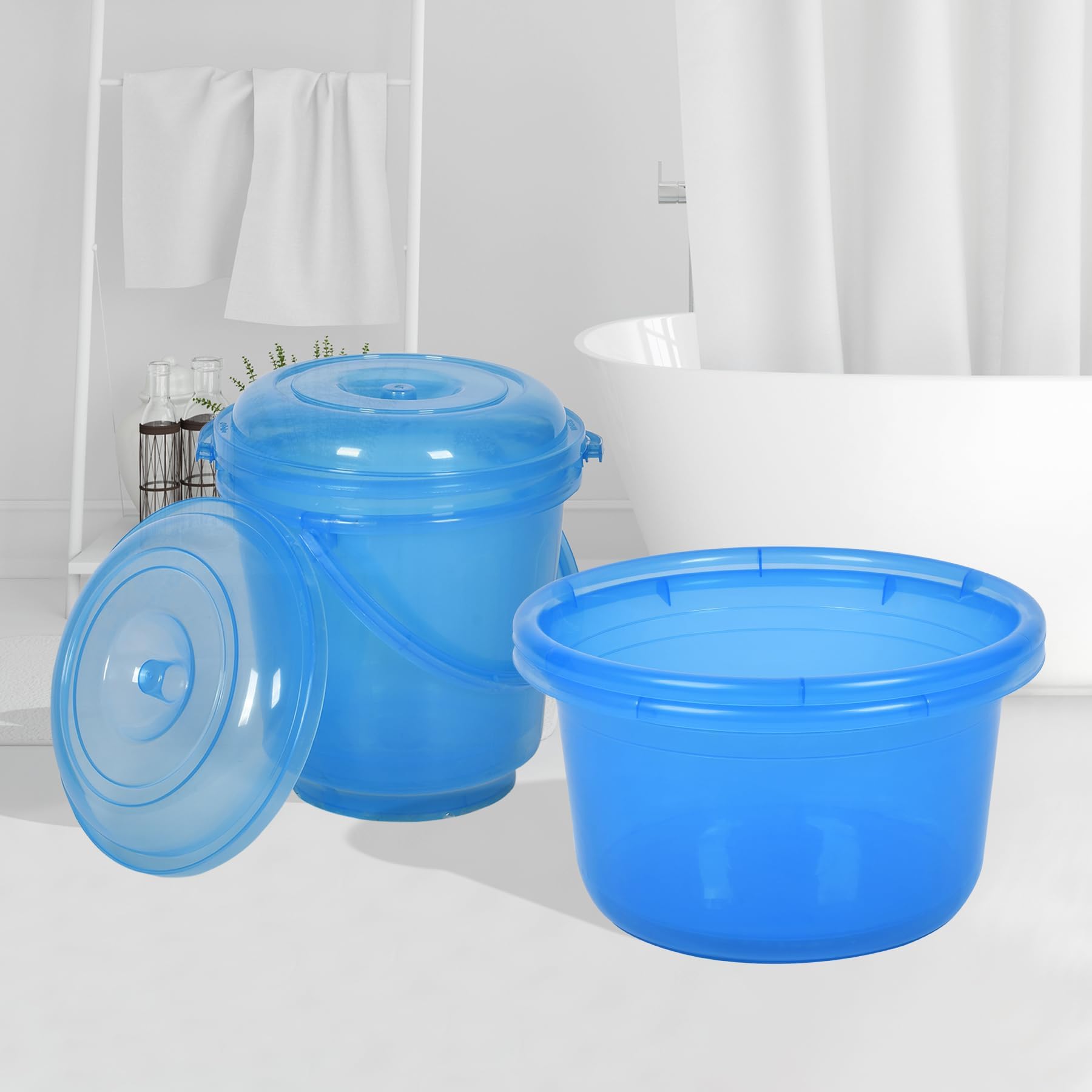 Kuber Industries Set of 4 Bathroom Combo Set | Bathroom Set | 2 Piece Tub-25 L & 2 Piece Bucket-13 L Bathing Set | Modern Bathroom Accessories Set | Transparent Blue