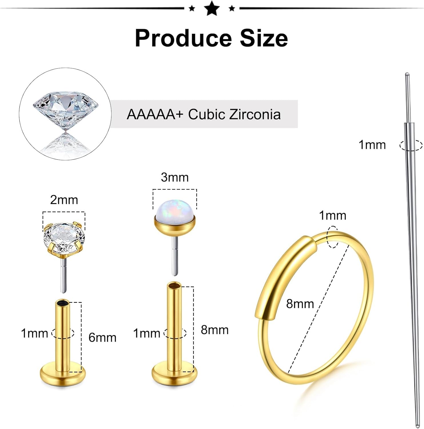 Zolure 18G/20G Flat Back Earrings Stud Threadless Nose Studs Surgical Steel Push in Earrings Tragus Cartilage Labret Helix Lip Conch Medusa Piercing Jewelry - Image 2