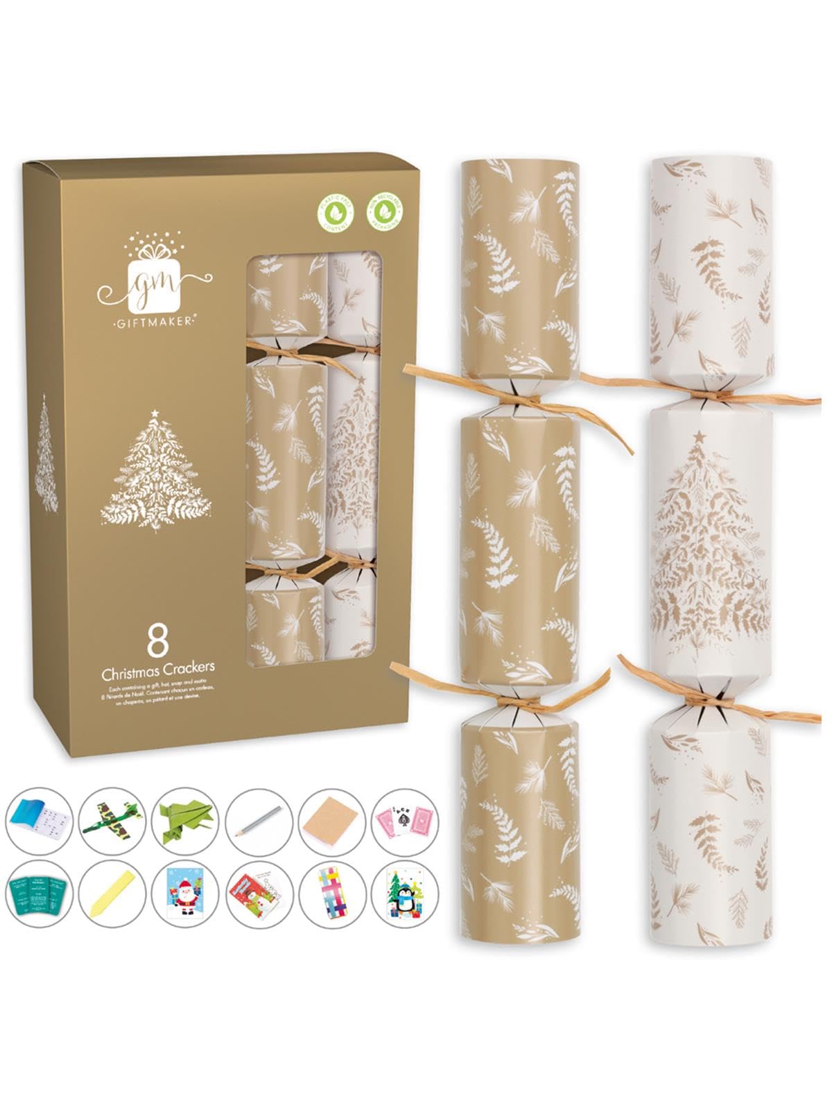 Giftmaker Pack 8 Cream & Gold Xmas Tree Novelty Traditional Family Christmas Crackers