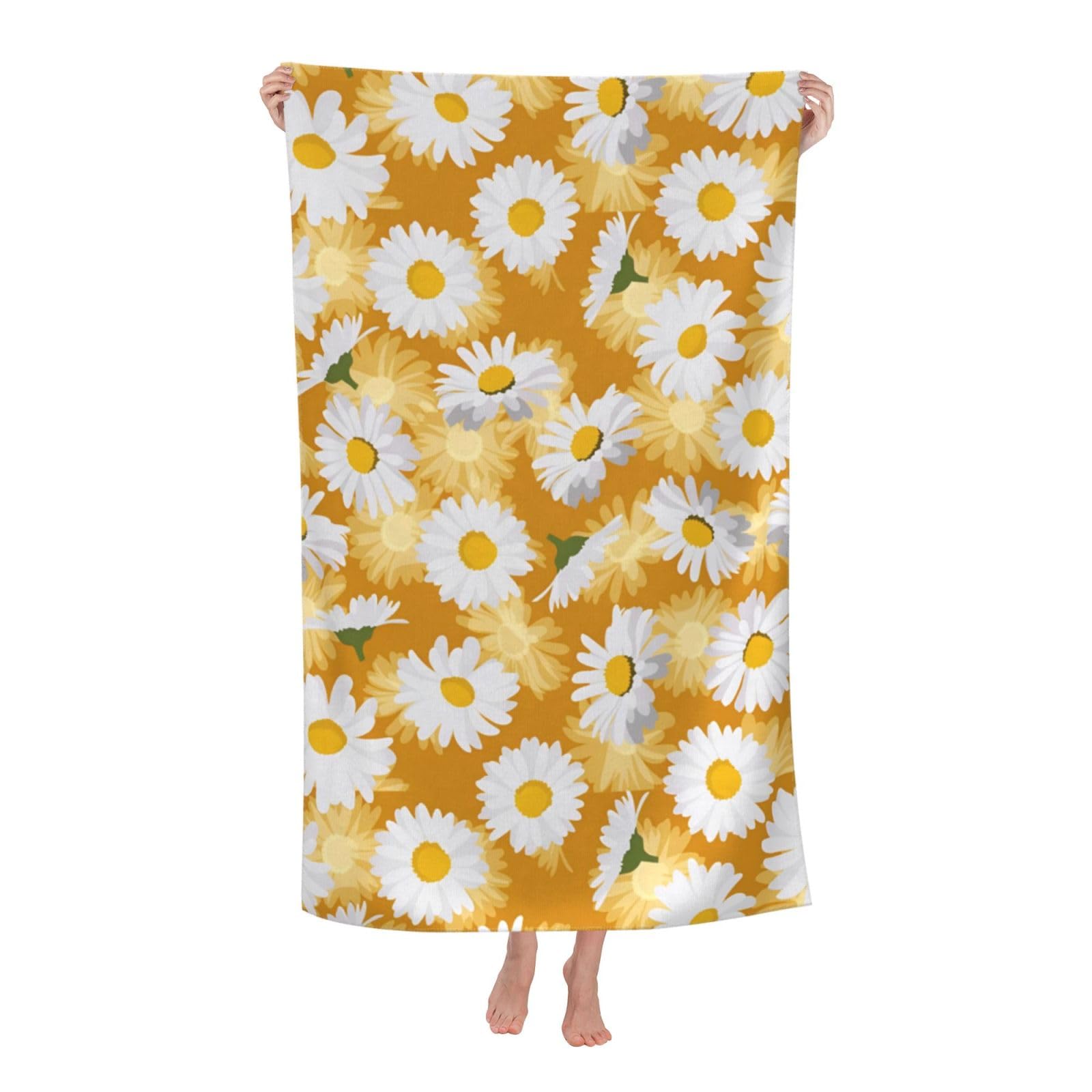 Pojknbv White Daisy Flowers Print Oversized Adult Beach Towel Quick-Dry Comfortable Lightweight Travel Pool Camping
