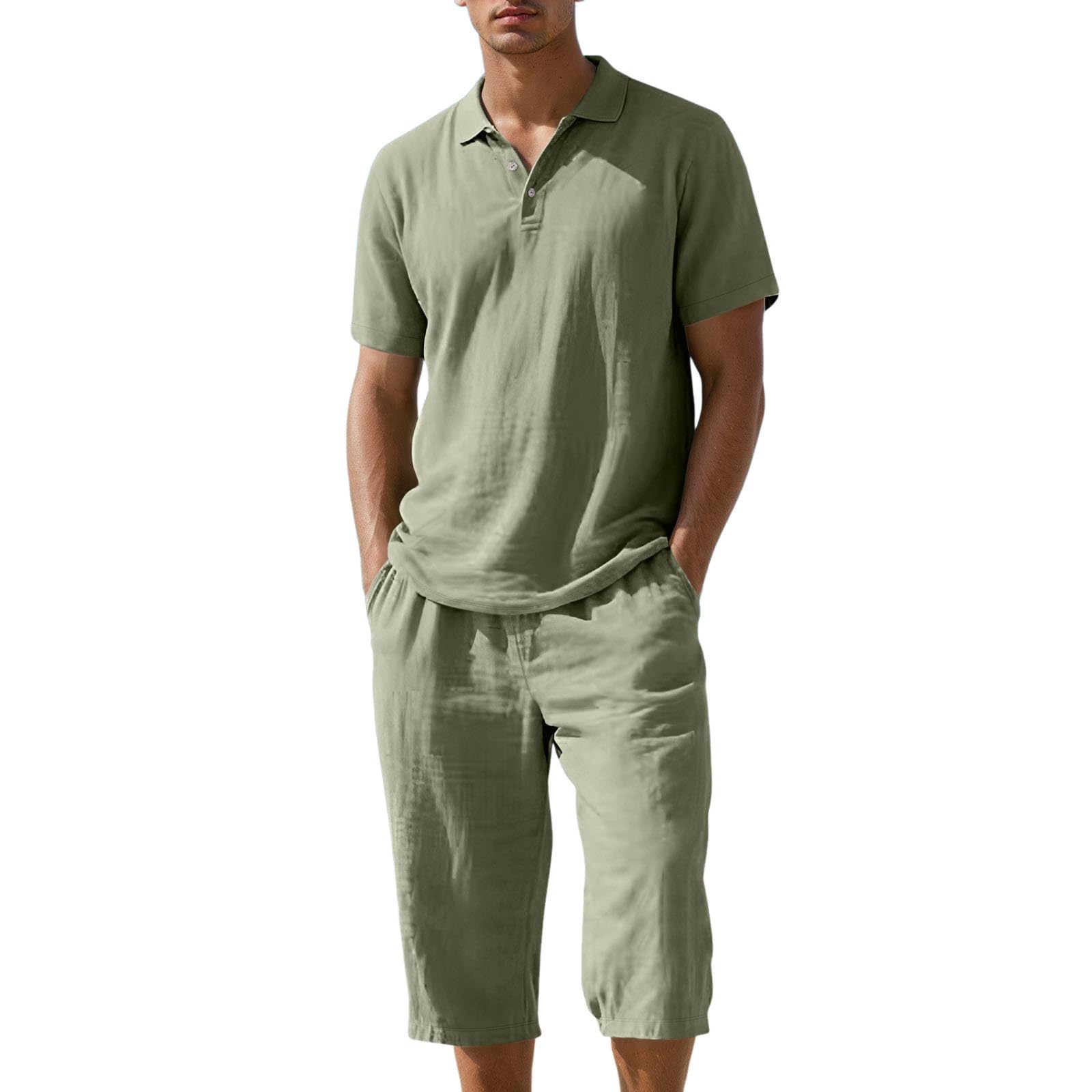 Short Et Chemise en Lin Homme 2 Pièces, Coupe Ample Décontractée, Tissu Très Respirant Et Léger, Tenue Estivale Idéale pour La Plage Et Les Vacances