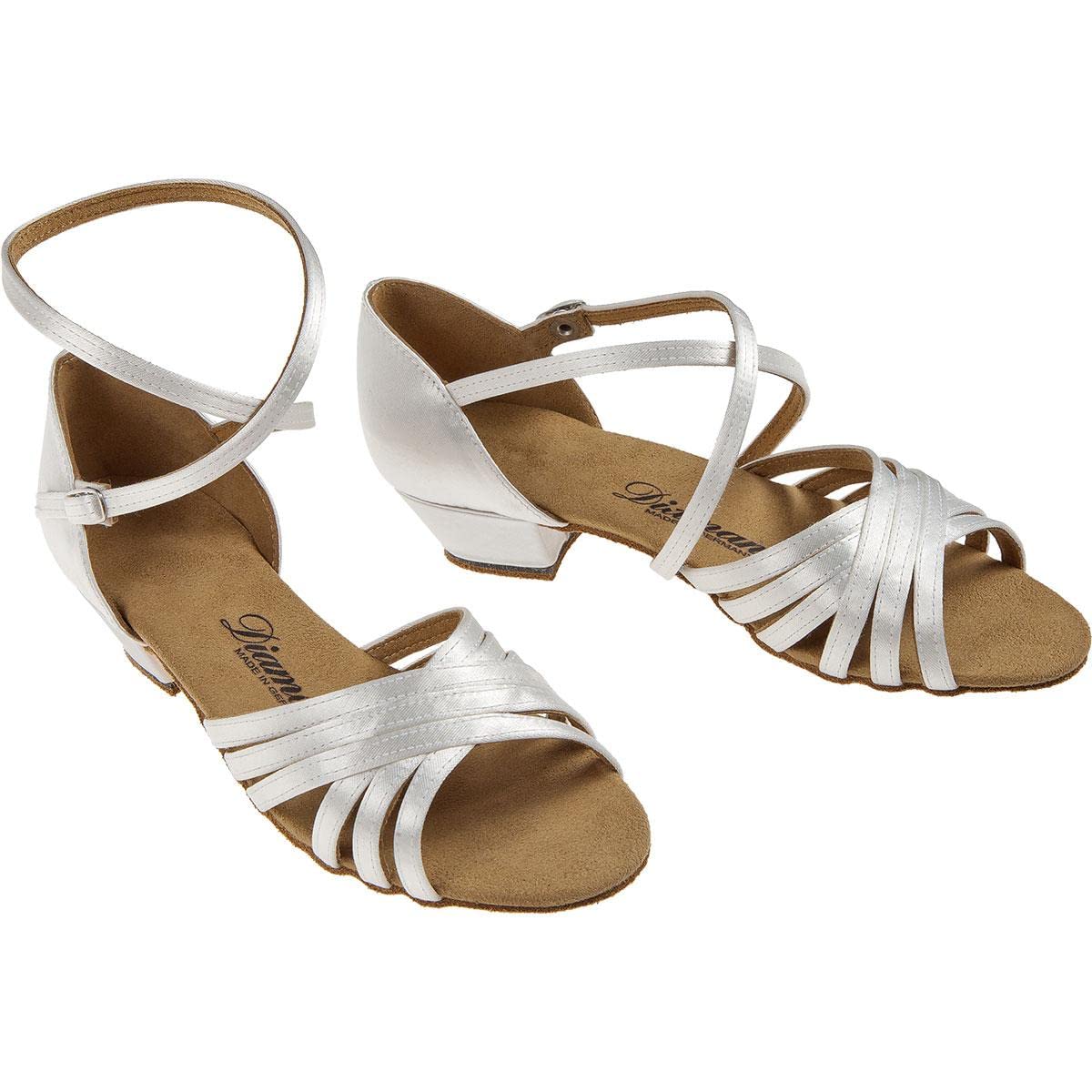 Diamentowe dziewczęce buty do tańca 196-030-092 - satynowa biel - obcas blokowy 2,5 cm - podeszwa z szorstkiej skóry - Made in Germany, biały, 31 EU
