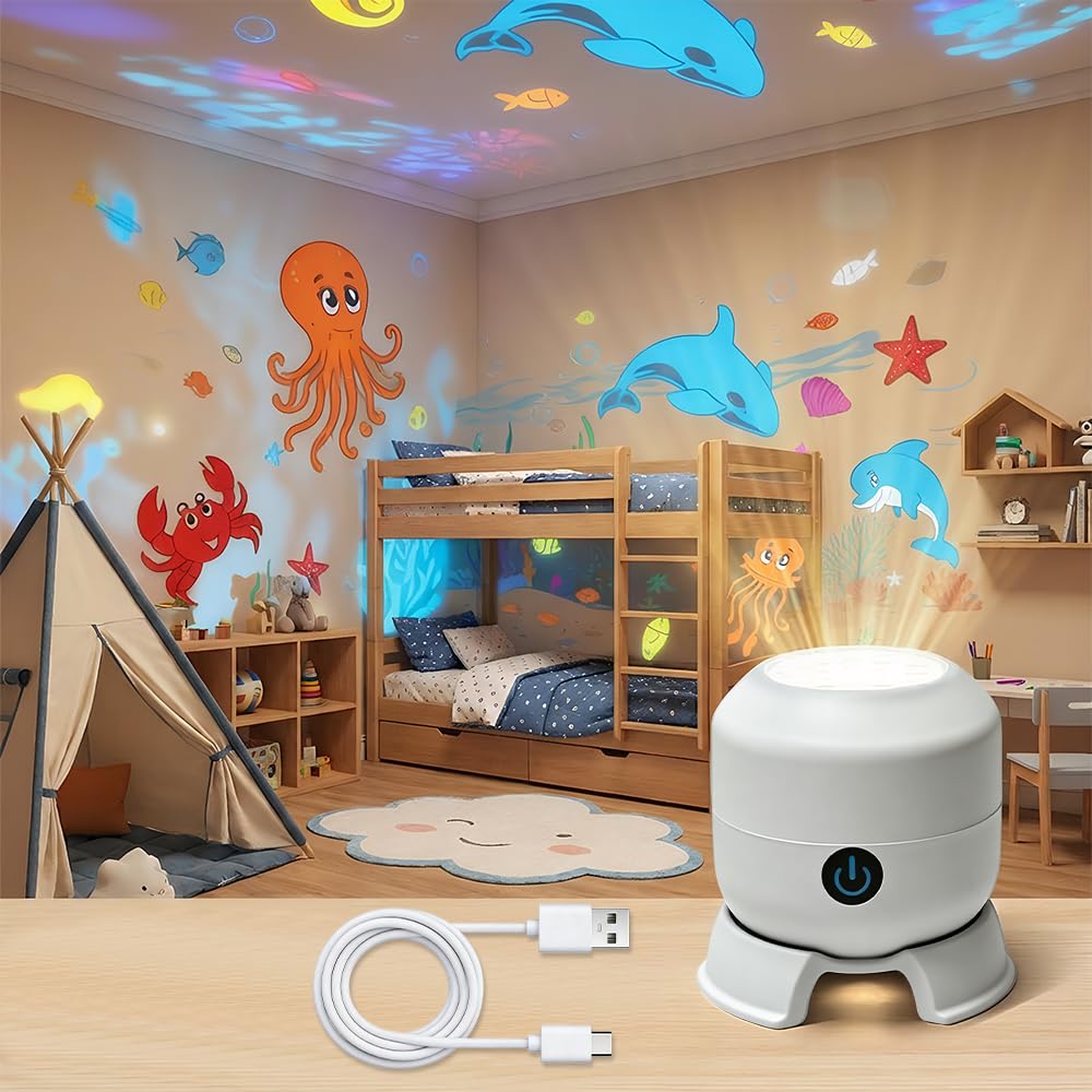 Proyector LED Giratorio Dinámico, Proyector LED Dinámico Giratorio de 360°, Luz de Proyección Rotativa Colorida Océano, Alimentado por USB, para Dormitorios, Salas de Estar y Baños