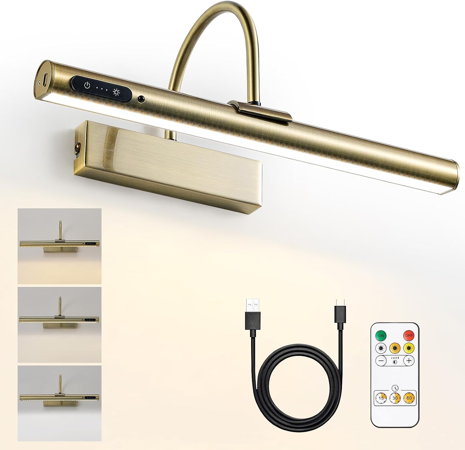 Antique Brass Picture Light for Wall, Rechargeable LED Art Light with Remote & Touch Control, Dimmable & 3 Color, Magnetic Cordless Battery Wall Sconces for Painting Frame Gallery Dartboard Decor