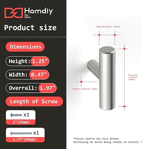 Miniatura 2 de Homdiy Paquete de 15 pomos de gabinete de níquel cepillado, tiradores de barra en T de un solo orificio de 2 pulgadas y 1.969 in de longitud para