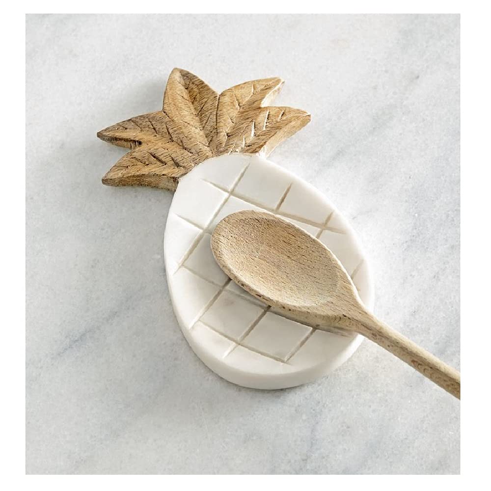 Mud Pie Soporte para cucharas de cocina de mármol y madera en forma de piña blanca