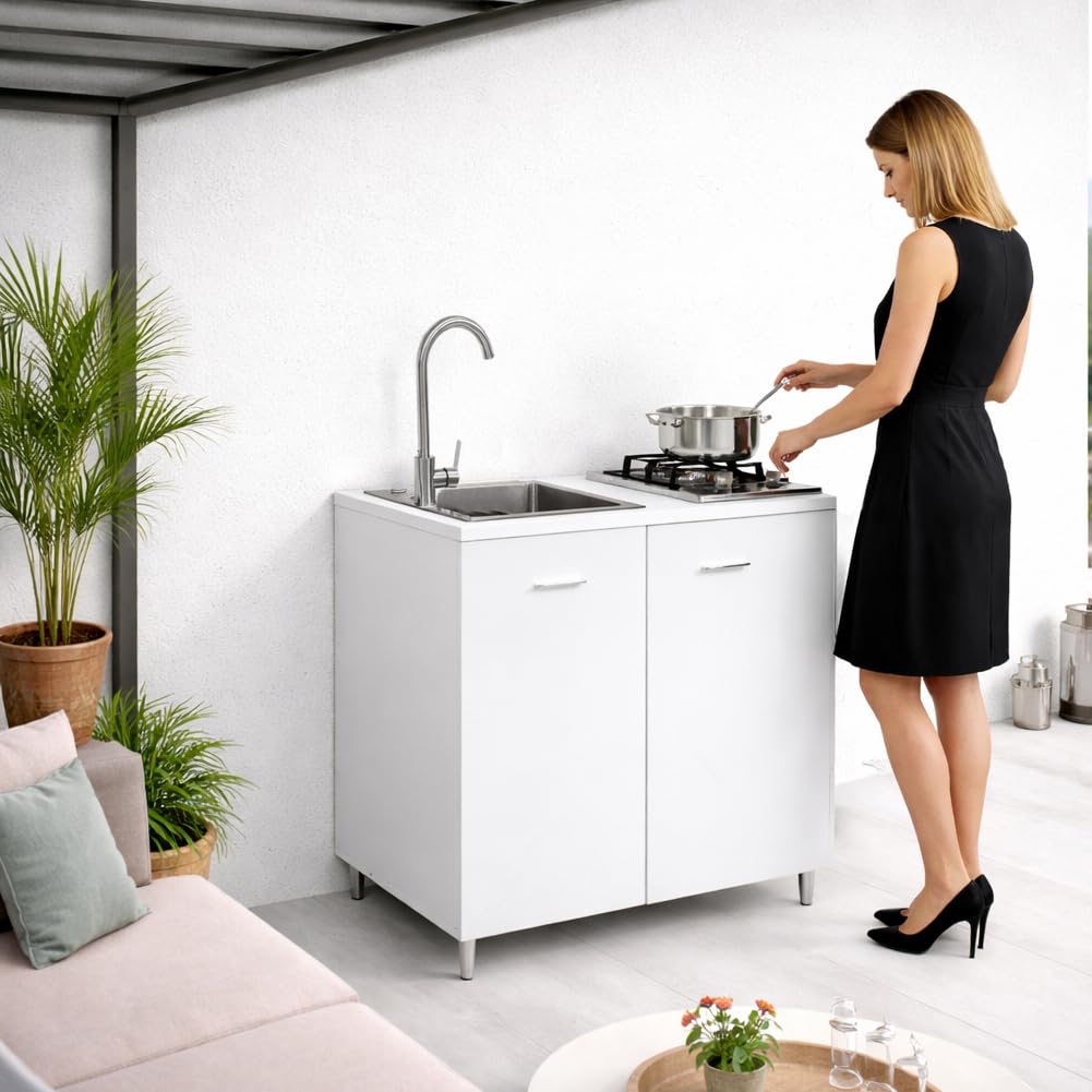 Shally Dogan Cocina completa monobloque 80 x 60 x 85 cm, placa de cocción de 2 fuegos y fregadero con 3 accesorios de acero galvanizado 50 x 40 cm, grifería completa con fuente y accesorios incluidos