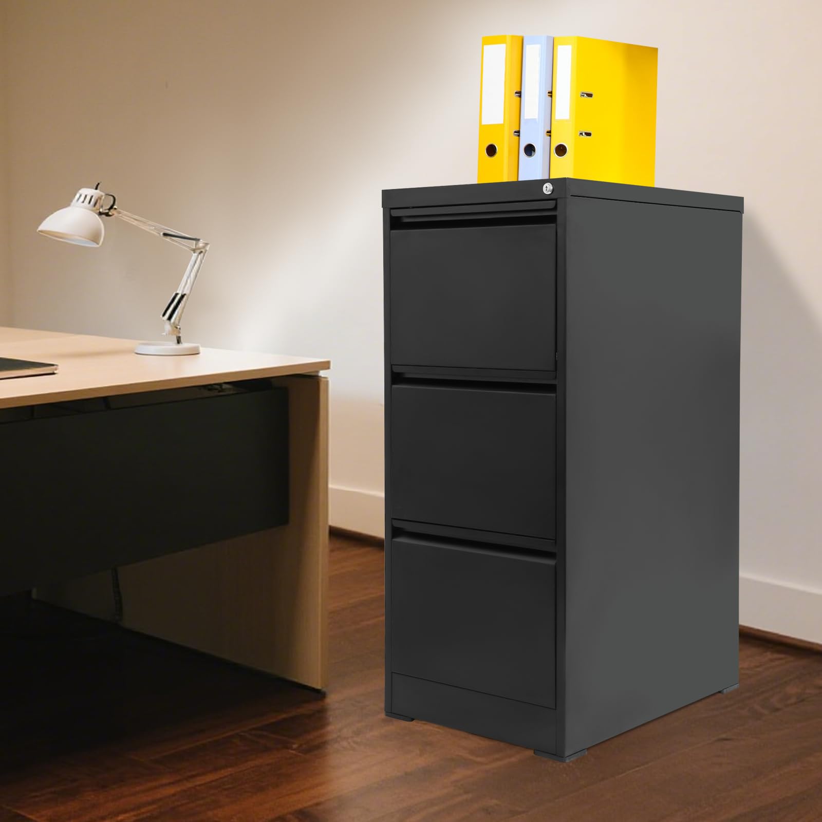 Armadietto con serratura a chiave, in metallo con 3 cassetti, per ufficio domestico, 46 x 62 x 103 cm (nero)