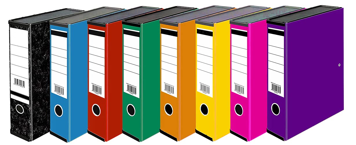 Eight Strong Premium Quality Linen Box Files A4 Foolscap Size by Nobel - Red, Green, Purple, Pink, Orange, Yellow, Blue and Grey - Ideal for Storing documents