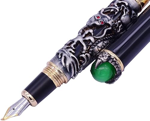 Miniatura 4 de Jinhao Dragon - Pluma estilográfica doblada, color negro, pluma pesada Fude de tamaño fino a ancho, metal sólido con estuche para bolígrafo