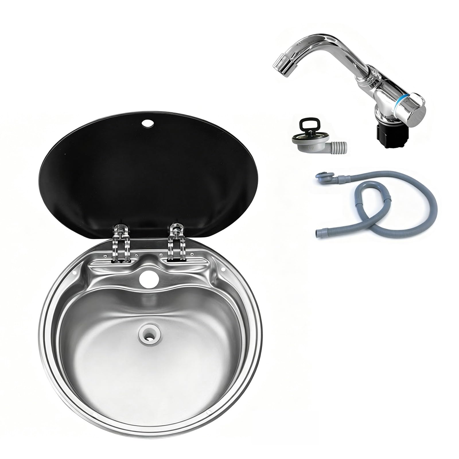 Rundes 16-Zoll-Wohnmobil Spülbecken, Außenküche Spülbecken mit Deckel aus Gehärtetem Glas und Klappbarem Wasserhahn, Platzsparend für Camper, Yacht, Kleine Küche