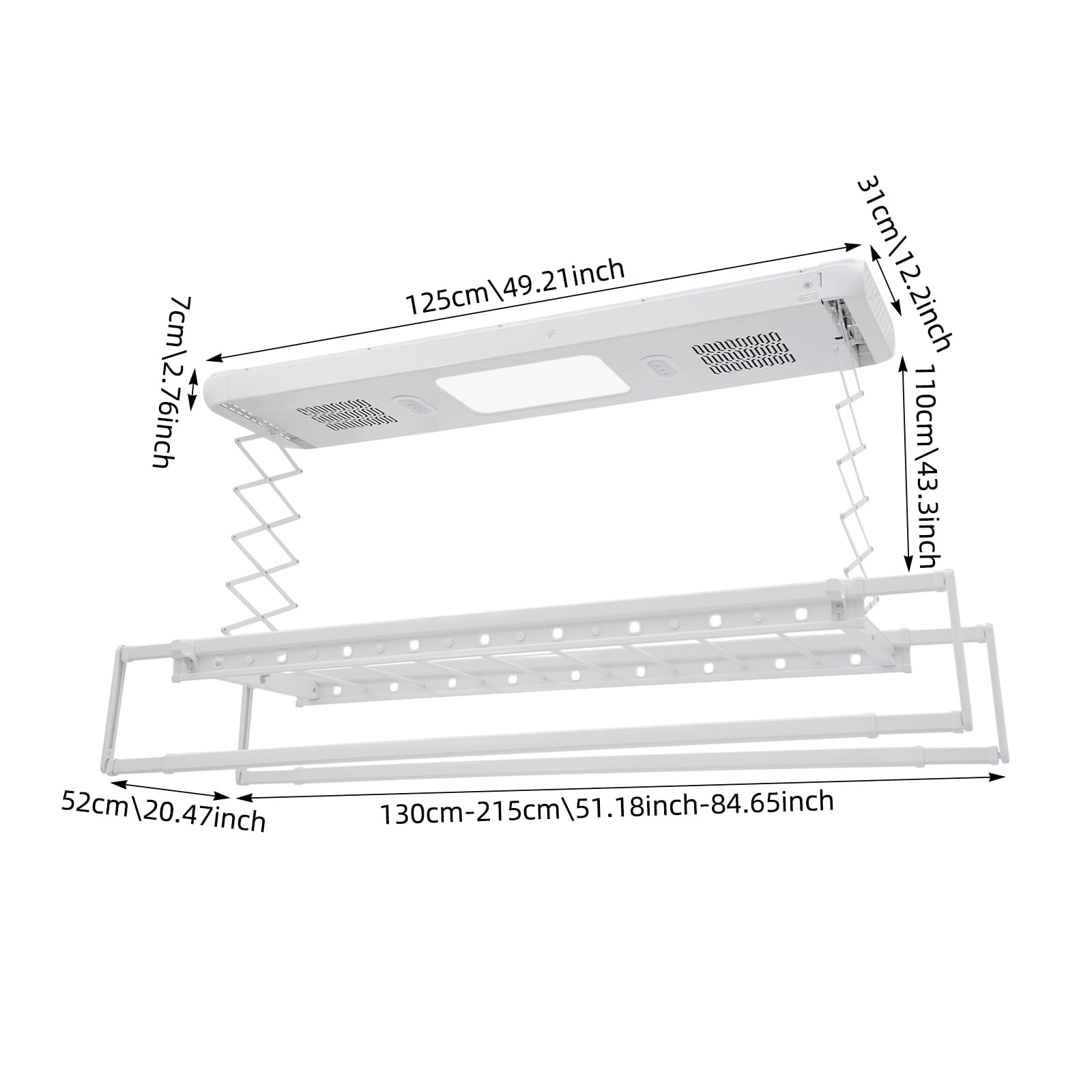 Elektrischer Wäscheständer mit Fernbedienung 24W LED Light Elektrischer Kleiderstange 130-215 cm Decken-Wäscheständer für Hausbalkone, Badezimmer und andere Gelegenheiten (Weiß)