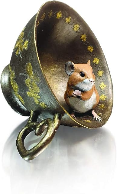 Richard Cooper Studio Cold Cast Bronze Mouse in Tea Cup Four Leaf Clover - Hand Painted by Michael Simpson