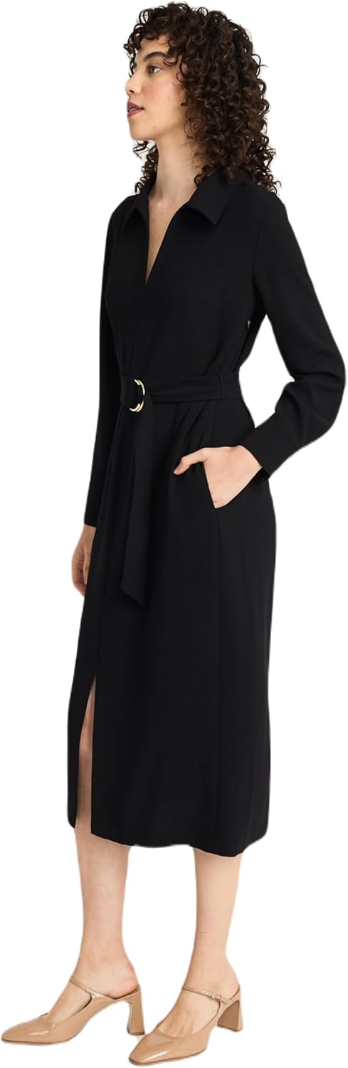 Women's Women's Elegant V-Neck Long Sleeve Midi Dress - Belted Waist with Pockets - Versatile Work to Cocktail Dresses