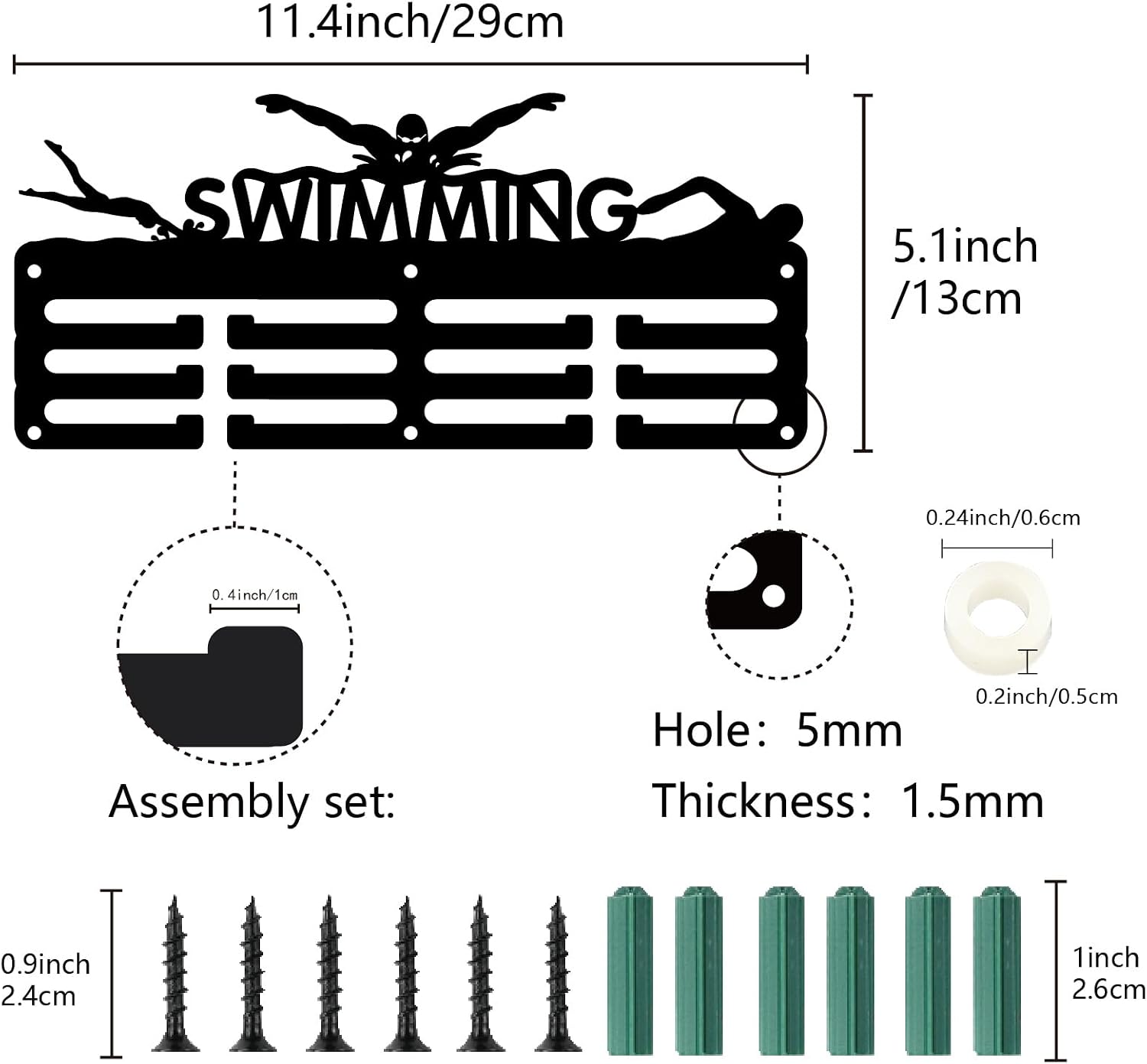 CREATCABIN Swimming Medal Holder Sports Medal Hanger Display Small Sports Race Competition Awards Ribbons Organizer Rack Black Metal Mount Decor Frame for Wall Hanging 40+ Medals Player 11.4x5.1Inch