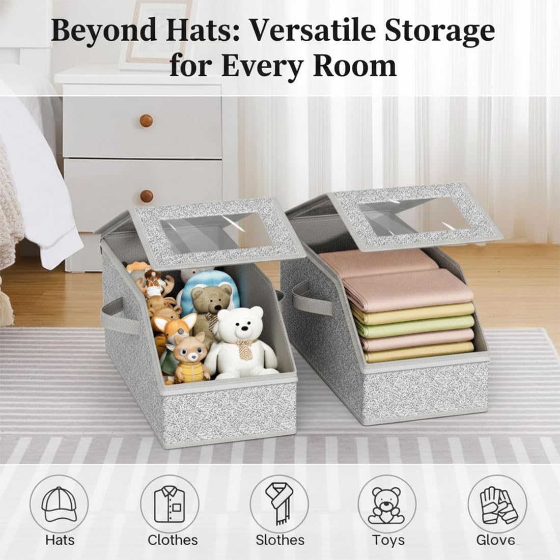 Stackable Hat Storage Boxes for Baseball Caps, Holds up to 24 Caps Hat Organizer for Closet with Clear Window & Cardboard, Sturdy Snapback Boxes for Home Storage (2PCSG)