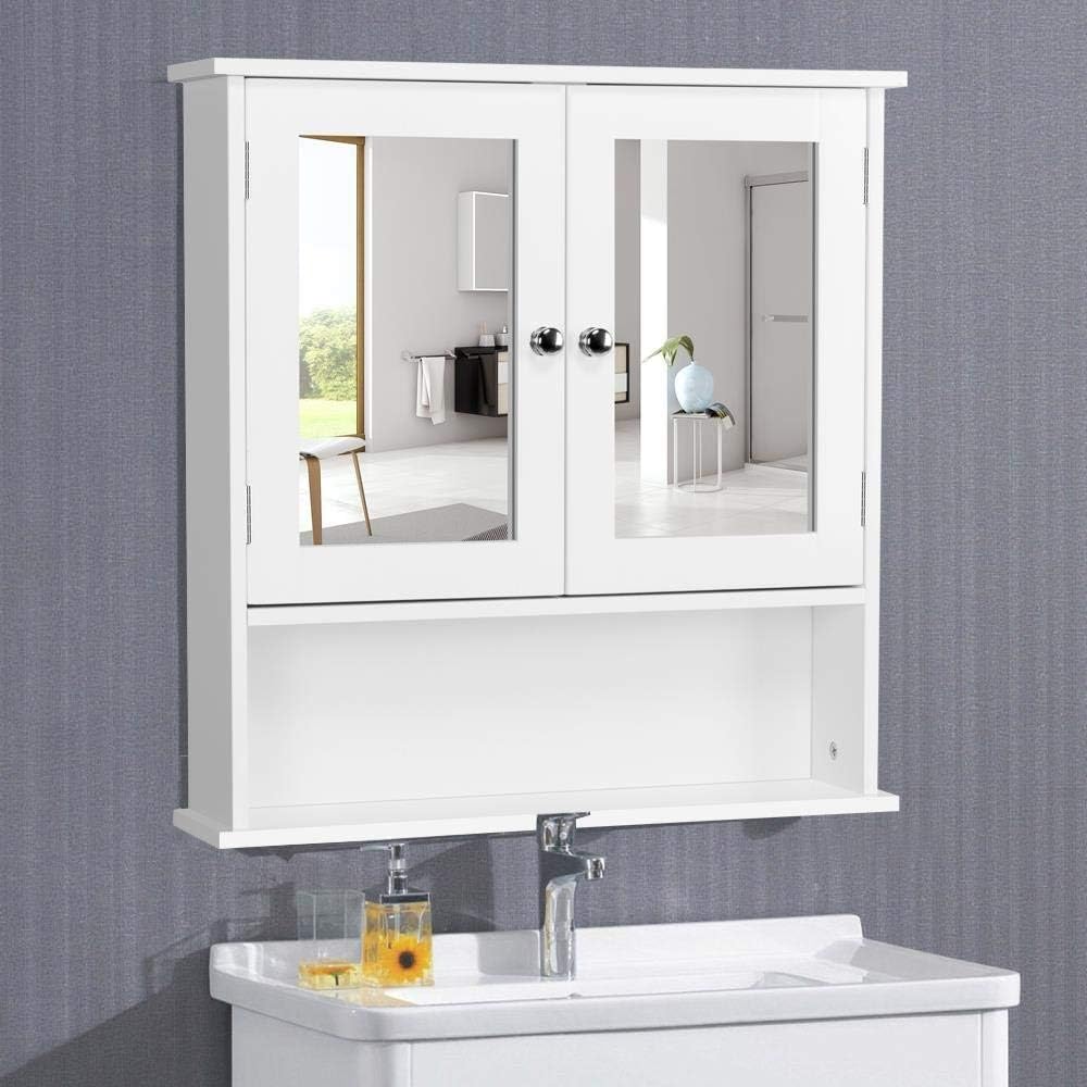 Yaheetech Armarios con Espejo para Baño Armario de Pared con 2 Puertas Mueble de Pared de baño Espejo con Estante Mueble para Baño Cocina 56×13×58cm Blanco