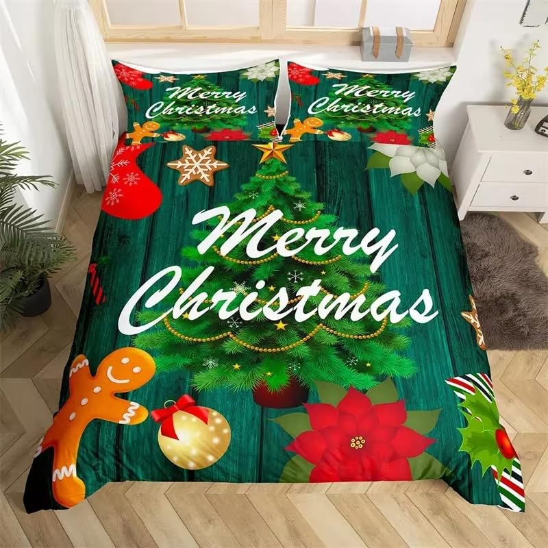 Parure de lit 260x240 Noël en coton vert avec ses deux taies d'oreiller