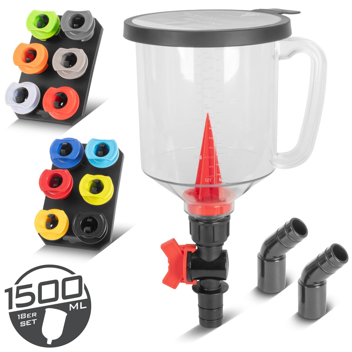 STAHLWERK - Set di imbuti universali per olio motore - Set di imbuti per auto da 18 pezzi con 12 adattatori per auto, volume imbuto 1500 ml, anti-perdita e pratico per il cambio olio in officina