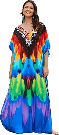 Colorful Prints Kaftan for Womens Side Split Dress V-Neck Beach Swimwear Cover Up Caftans Casual House Dresses