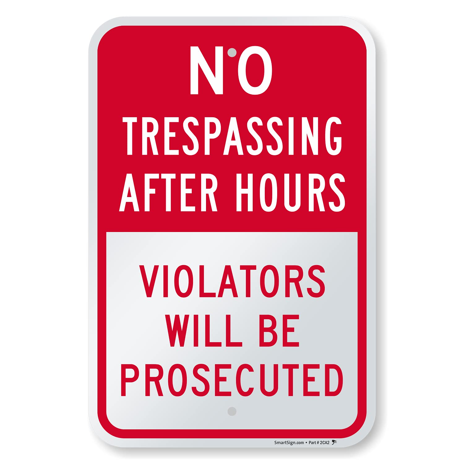 SmartSign 18 x 12 inch “No Trespassing After Hours - Violators Will Be Prosecuted” Metal Sign, 63 mil Laminated Rustproof Aluminum, Red and White, Made in USA