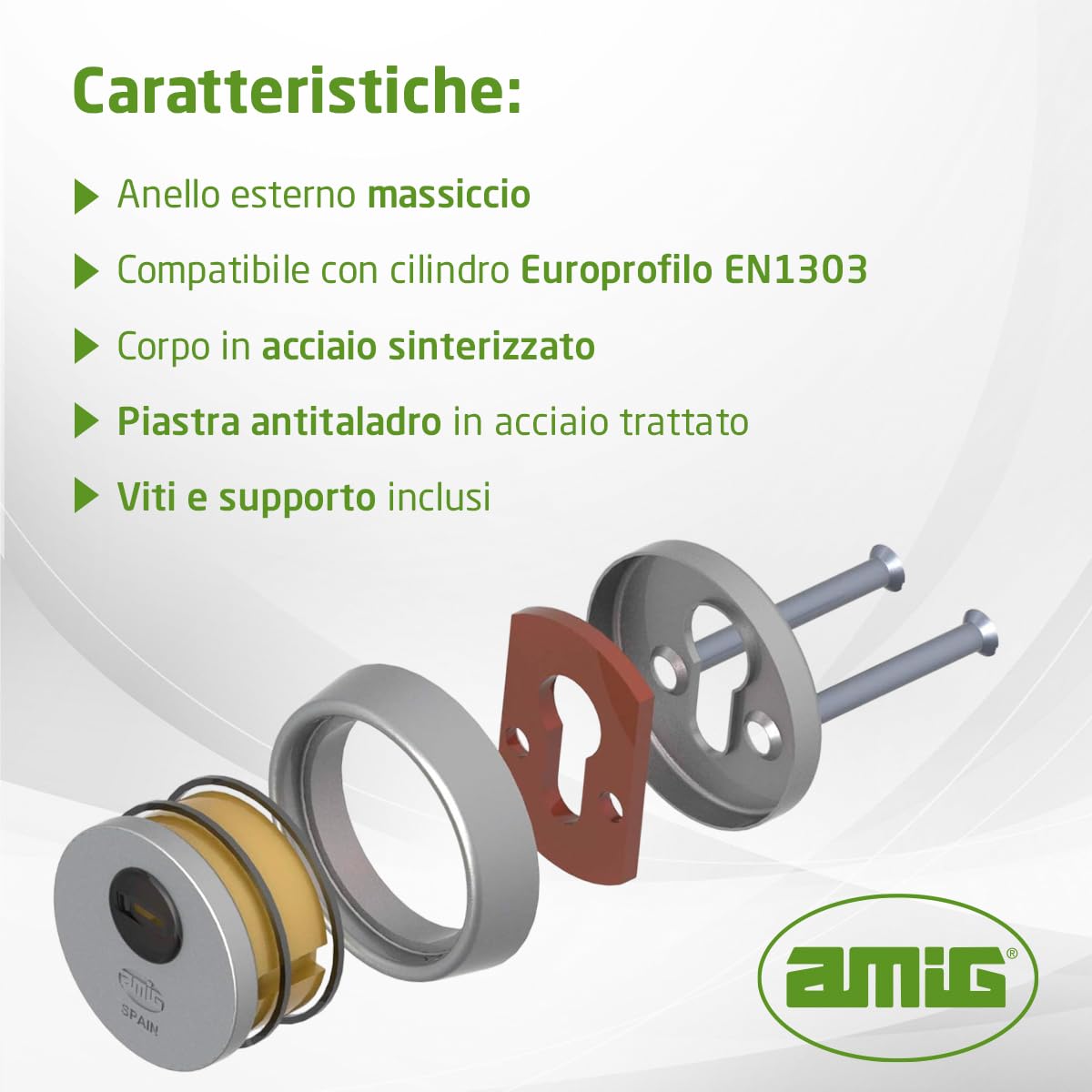 Amig - Defender per cilindro Mod. 30 - Ottone - Dorato - Anello esterno pieno - Ø65 mm - Con piastra antitrapano - Con viti e supporto - Per cilindro Europrofilo EN1303 - Corpo in acciaio sinterizzato