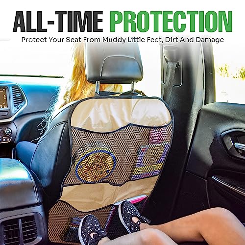 Image of lebogner Back Seat Cover for Kids + 3 Pocket Storage Organizer, 2 Pack X-Large Waterproof Kick Mats, Car Backseat Protector (Pink, Kick Mats + 4 Organizer Pockets)