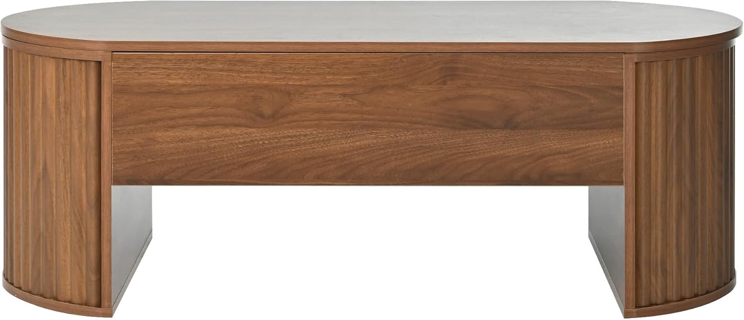 Lift Top Coffee Table with Storage Hidden Compartment, Partially Assembled Wooden Fluted Center Table, 47.2" Modern Oval Smart Lift Tabletop for Home Living Room Office-Brown