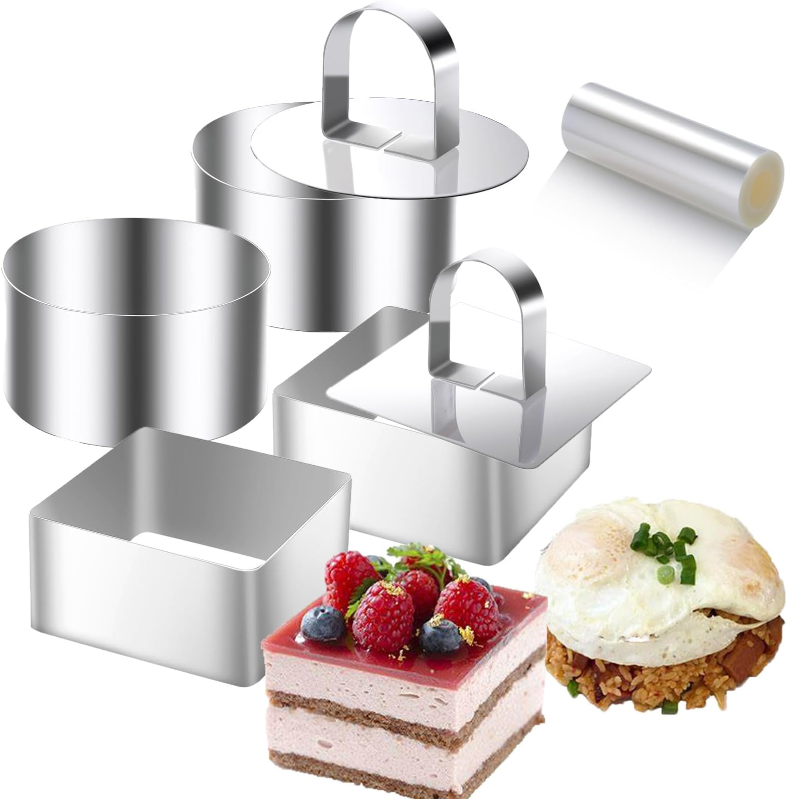 DATANYA 9Pack 3.15‘’ Cake Ring Molds with 3 Inch Cake Collars, Stainless Steel Food Rings Round & Square Cooking Ring Molds with Pressers, Transparent Acetate Sheet Cake Rolls for Baking Pastry