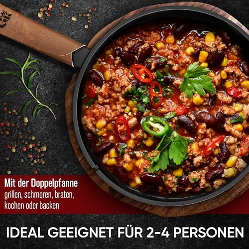 GUSSKÖNIG Dutch Oven - 2 in 1 Eingebrannter Gusseisen Topf 3L & Gusspfanne 1,5L - Cast Iron Pot mit Schmortopf Doppelfunktion - inkl. Kochbuch & Zubehör für BBQ, Camping & Küche - 30 Jahre Garantie