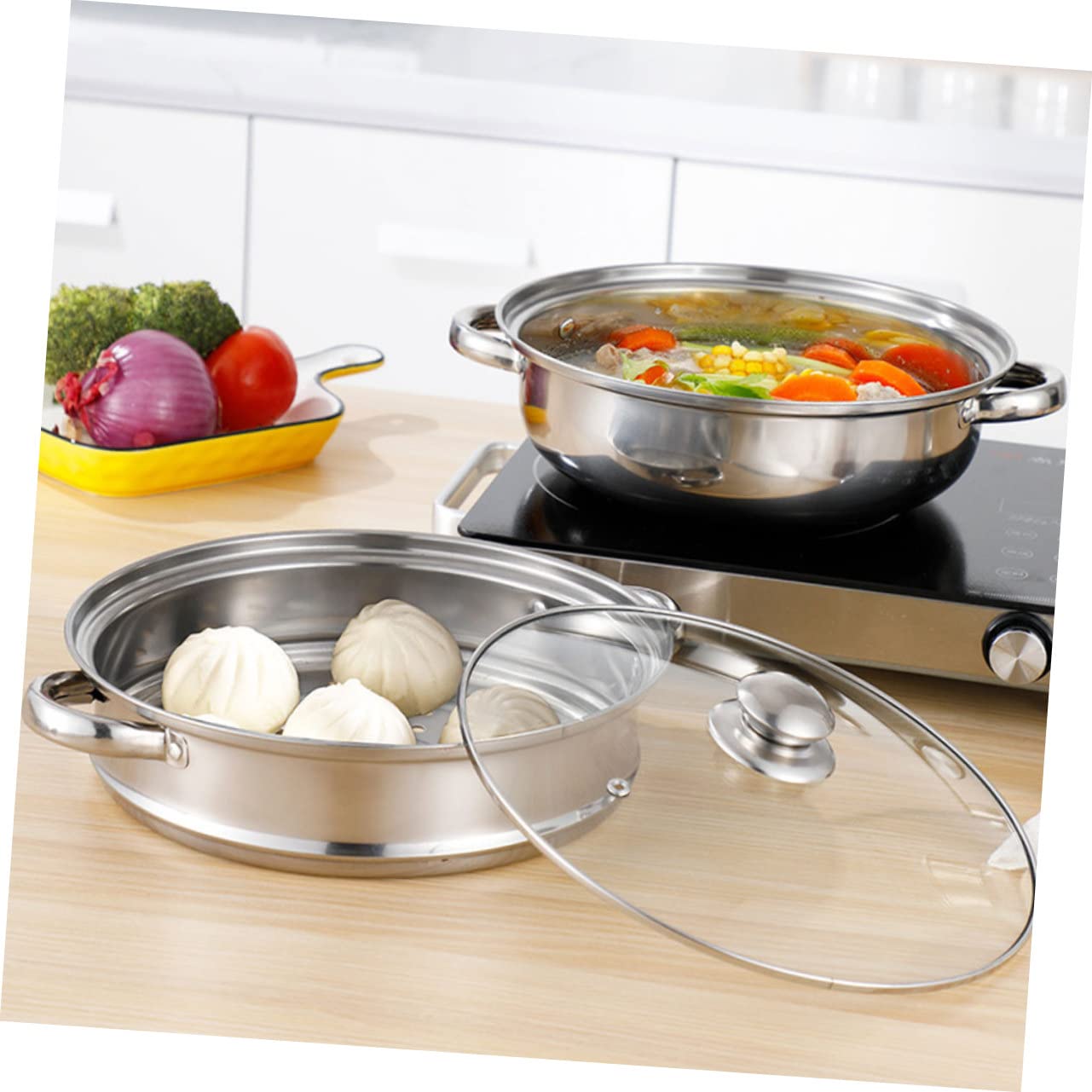 Ciieeo Edelstahl Dampfgarer 28cm mit 3 Schichten Glasdeckel und Viel Platz für Suppe und Gemüse Mehrlagiges Design für Schonendes Kochen im Haushalt