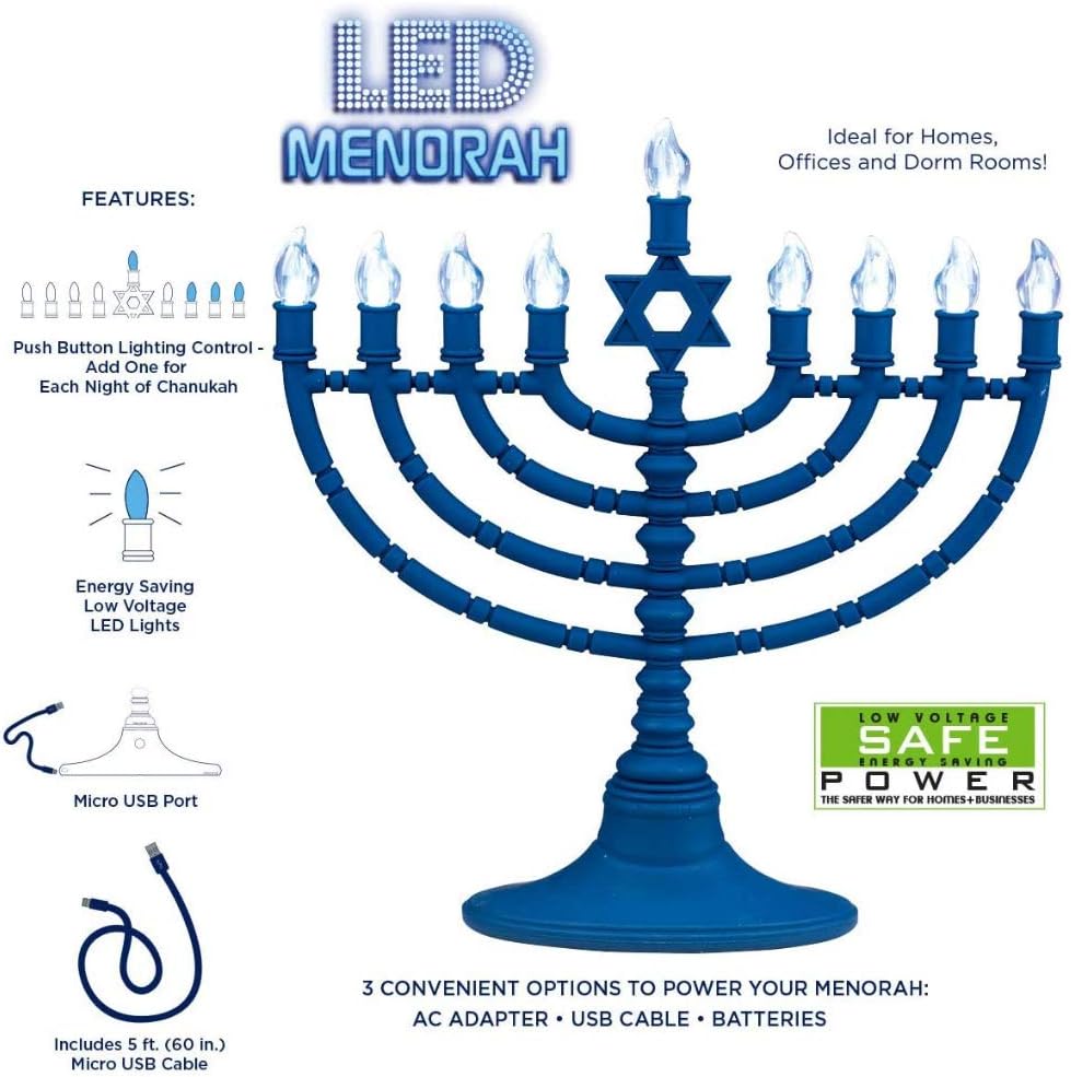 Rite Lite Blue Plastic Electric LED Low Voltage Chanukah Menorah with Clear Bulbs - Hanukkah Menorah Battery or USB Powered - Includes a Micro USB 4' Charging Cable : Home & Kitchen