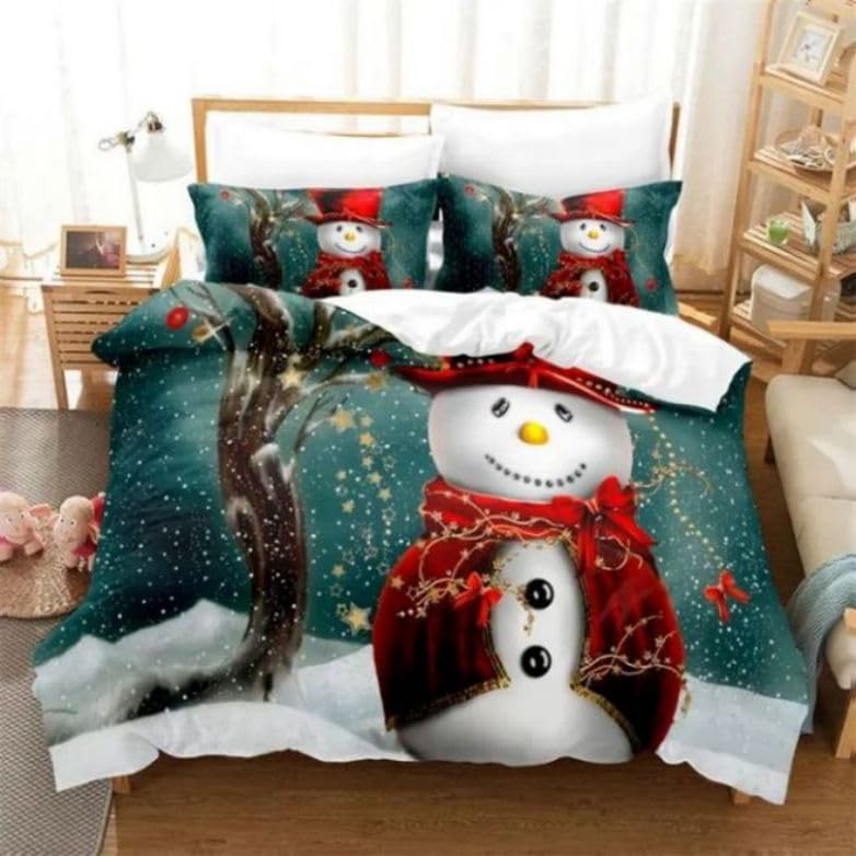 Housse de couette 220x240 bonhomme de neige cyan avec 2 taies d'oreiller