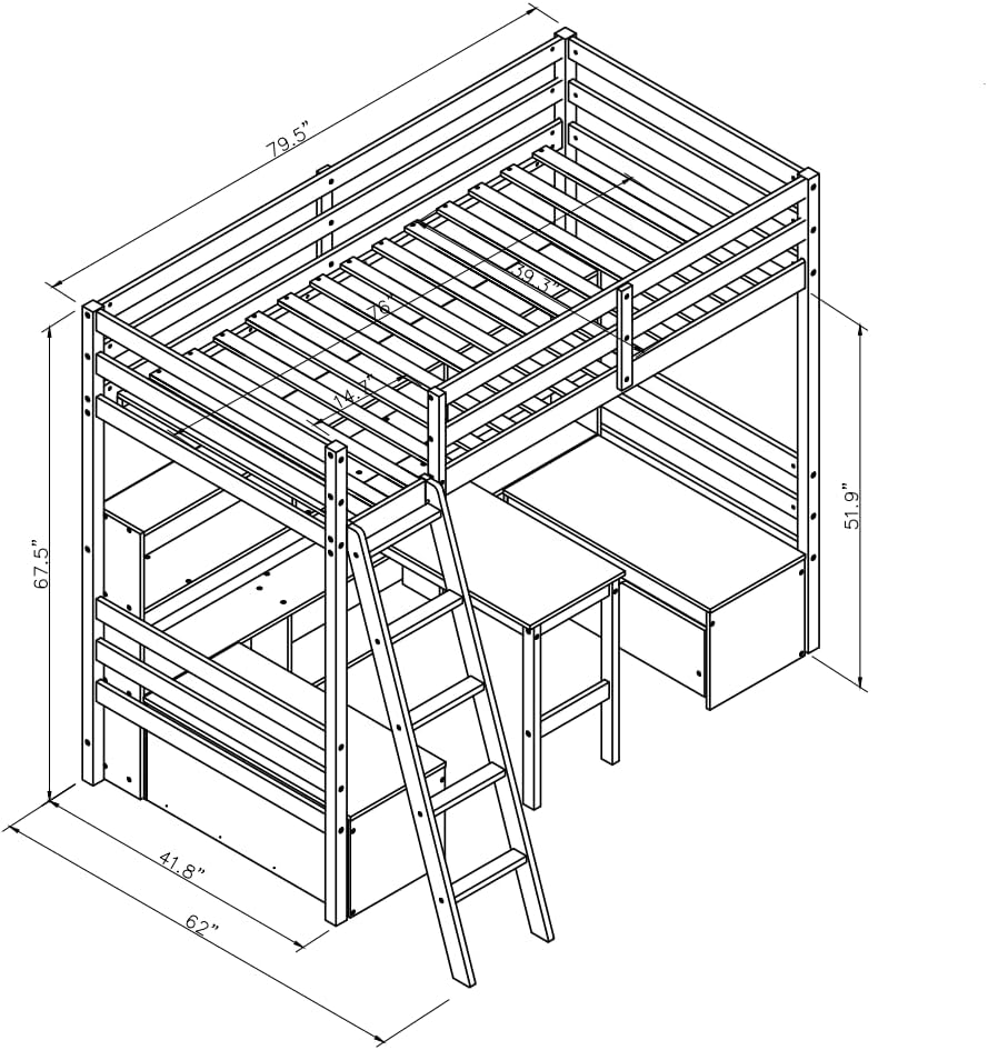 LZ LEISURE ZONE Twin Size Loft Bed, Woood Loft Bed with Storage Shelves, Drawers, Seat and Desk, White