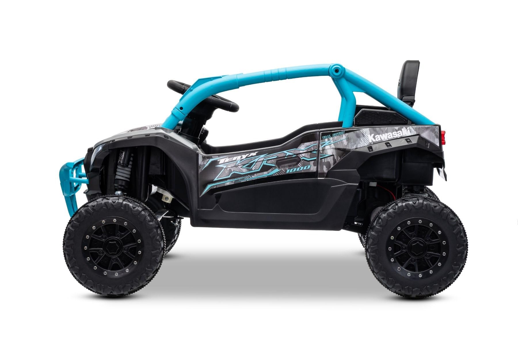 Kawasaki TERYX KRX 1000 12 V elektryczny samochód dziecięcy niebieski jednoosobowy zawieszenie tylnej osi, pilot zdalnego sterowania 2,4 GHz, akumulator litowy, 2 silniki 25 W, otwierane ramy ochronne
