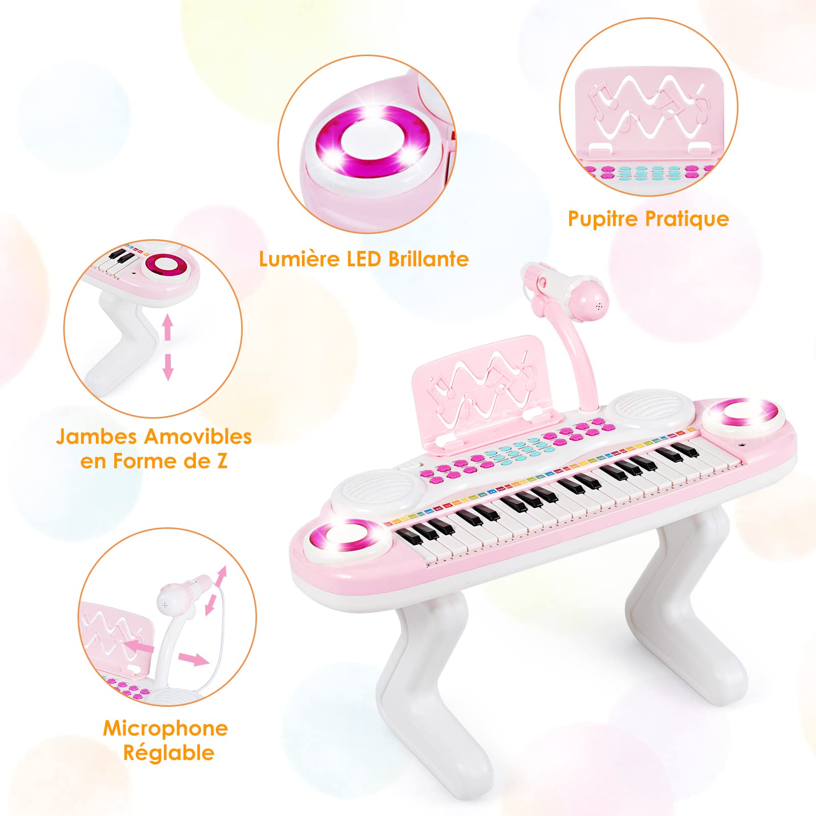 DREAMADE Piano Numérique pour Enfants 37 Touches, Clavier Électronique pour Enfants avec Microphone,Fonction d'Enregistrement et de Lecture,Effets d'Éclairage&Accessoires Abondants (Rose)