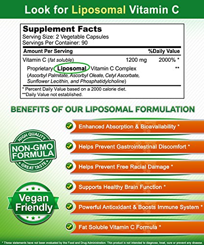 Liposomal Vitamin C - 1200mg Supplement - 180 Capsules - High Absorption VIT C Ascorbic Acid Pills - Liposome Encapsulated - Supports Immune System & Collagen Health - Non-GMO - 90 Servings