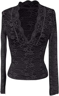 Elegante Camisola Negra Liso Corte Estrecho con Cuello en V y Mangas Largas de Encaje Coloridas Camisola de Manga Larga Mujer