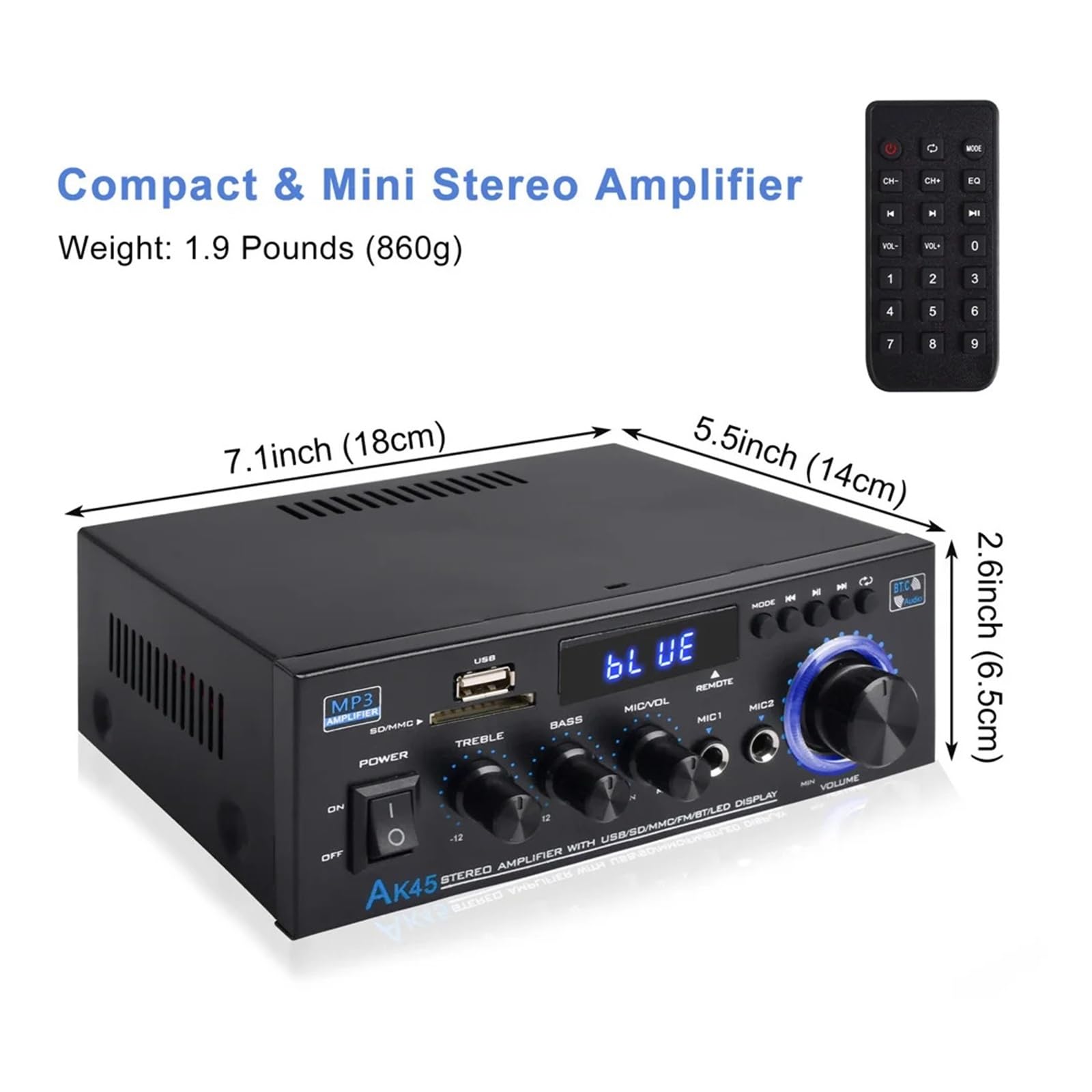 Wzmacniacz audio, Wzmacniacz mocy Bluetooth 5.0 300WX2 Wyjście maks. 800W Subwoofer Hi-Fi stereo do samodzielnego montażu