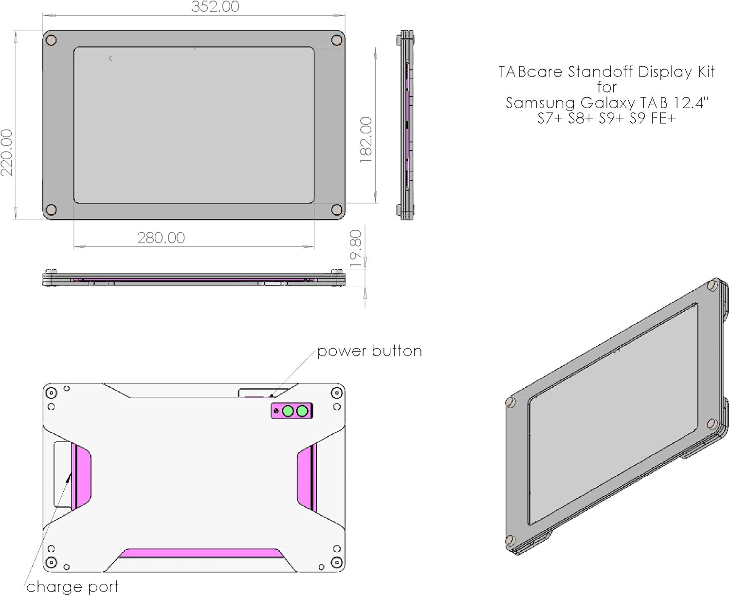 TABcare Acrylic Wall Mount Floating Frameless Display Kit with Metal Standoffs for Samsung Galaxy TAB S10+/S9+/S8+/S7+ 12.4 S9 FE+ S7 FE 12.4 Tablet (Black)