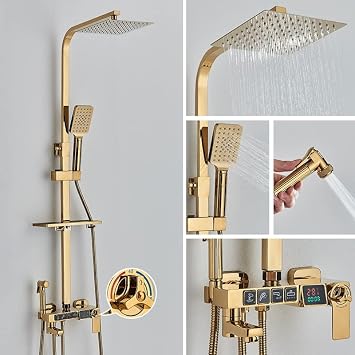 Digital Shower Set LED Rainfall Shower Panel Tower System Black Digital Display Shower 4 Way Thermostatic Shower Faucet Rainfall Shower System Bidet Faucet for Bath Shower Easy Installation Wall Mount