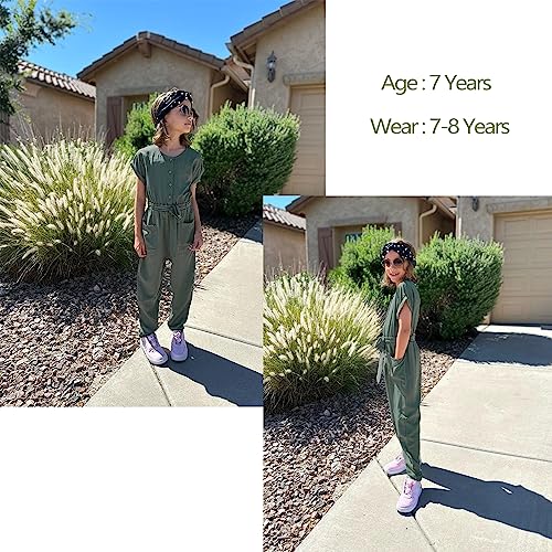 Kukume Girls Summer Jumpsuit Long Pants Romper Short Sleeve Button Down With 2 Pockets Army Green 3-4 Years #TOP3