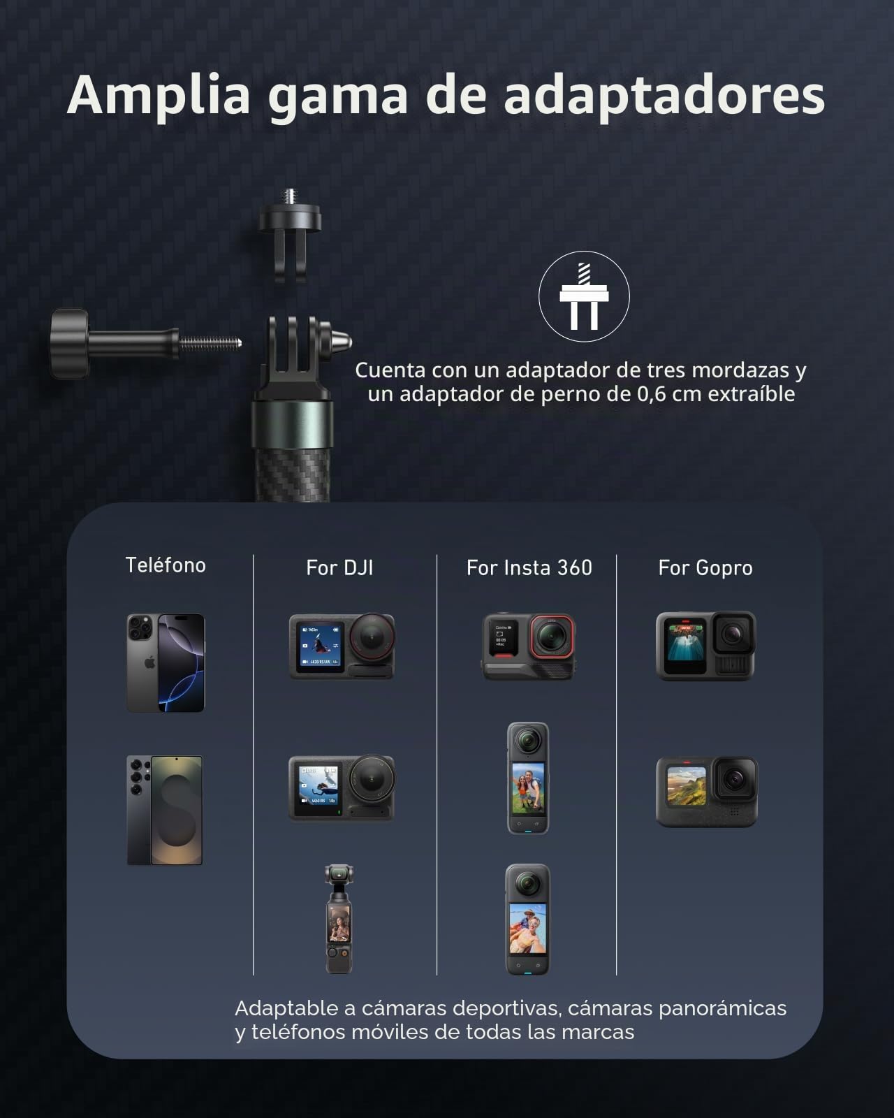 TELESIN 120cm Selfie Stick con trípode para GoPro Insta360 dji, Monopod de Extensión de Fibra de Carbono Ligero para Go Pro Hero 13 12 11 10 9 8 MAX Insta360 dji Osmo 360 Action 6 5pro 4 3