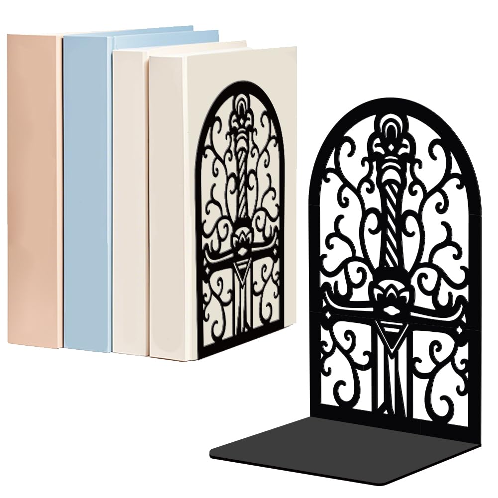 WADORN 1 Pair Magic Sword Metal Decorative Bookend for Shelves, Heavy Duty Book Ends Modern Non-Skid Books Holder Stand Black Book Support Stoppers for Desk Bookshelf Office Home, 5.3x4.3x7.8 Inch — image 1