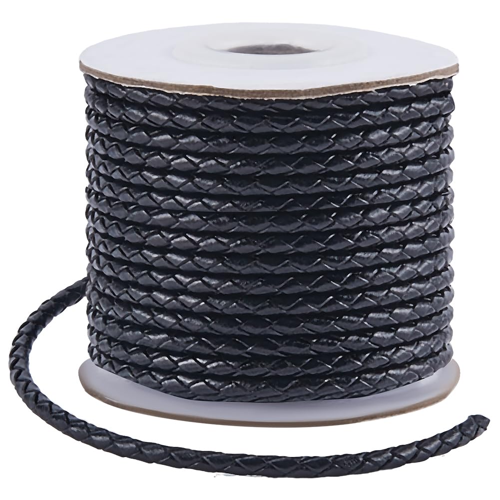 SUNNYCLUE 11 Yards/10M Black Braided Leather Cord Bolo Leather Cord Rope 3mm Round Cowhide Leather Folded Braiding Tie Strap Cords for Jewellery Making Necklaces Bracelets Lanyards Supplies DIY Crafts