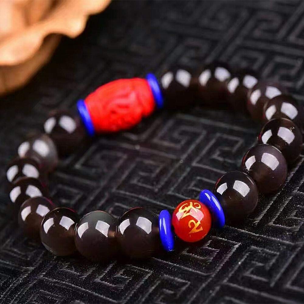 MGZDH Natural ice Species Rainbow Eye Obsidian 10mm Single Circle Unisex Bracelet with Cinnabar six-Character Bracelet