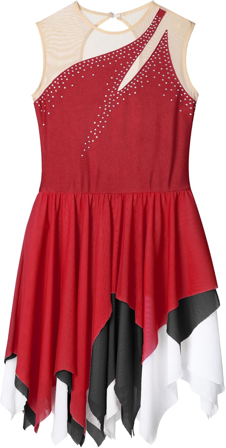 Lyrical Ballet Dance Costumes for Girls Sequins Contemporary Dancewear Asymmetrical Mesh Tulle Leotard Dress