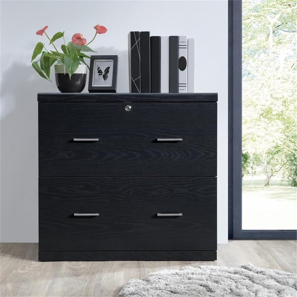 Pemberly Row 2-Drawer Engineered Wood Lateral File Cabinet, Black Finish, Locking Top Drawer, Euro-Style Glides, Fits Legal and Letter Size Files, 30"W x 17"D x 28.5"H, Easy Assembly Lockdowel System