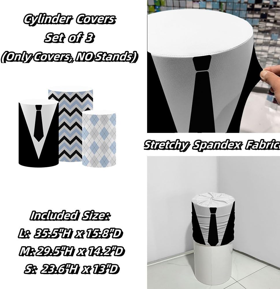Cylinder Covers Set of 3 Pieces Black Stripes Bow Tie Pedestal Plinth Stand Covers Boys Baby Shower Birthday Party Tablecloth Decorations (Set of 3,BOS6)