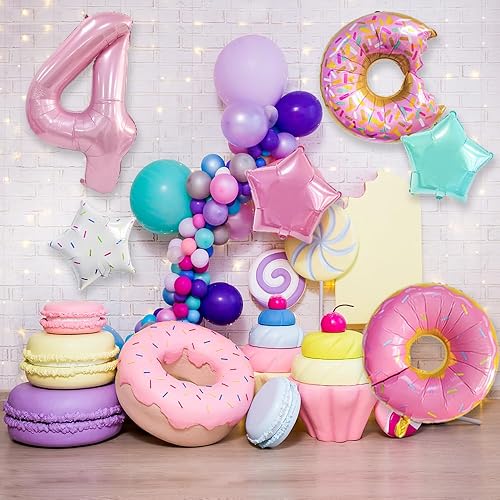 Miniatura 3 de Decoraciones de cumpleaños en forma de dona, 6 globos de Dokuna en forma de dona, decoraciones de 4 cumpleaños para niñas, globos gigantes de